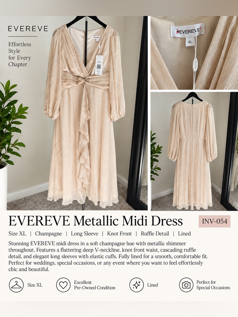 Evereve Champagne Metallic Ruffle-Front Midi Dress